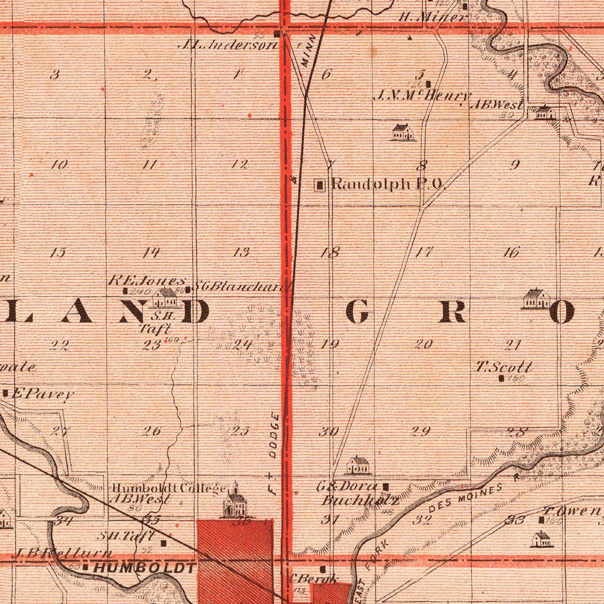 Restored historic details from the 1875 county map of Humboldt County, Iowa