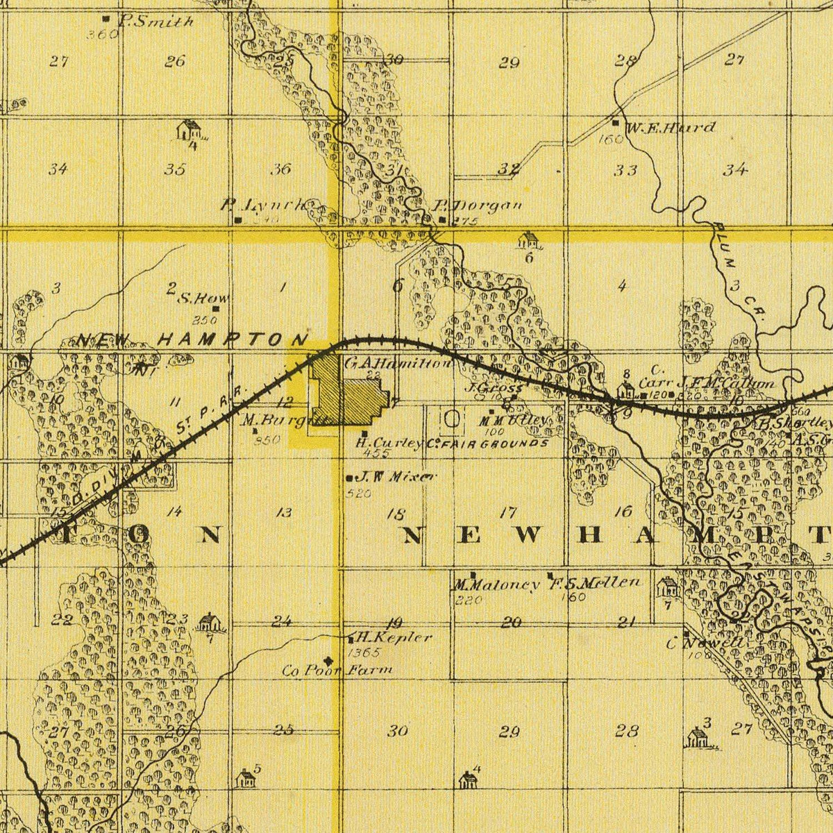 Restored historic details from the 1875 county map of Chickasaw County, Iowa