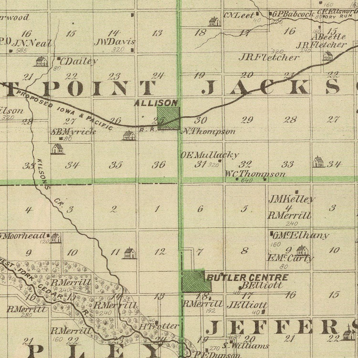 Restored historic details from the 1875 county map of Butler County, Iowa
