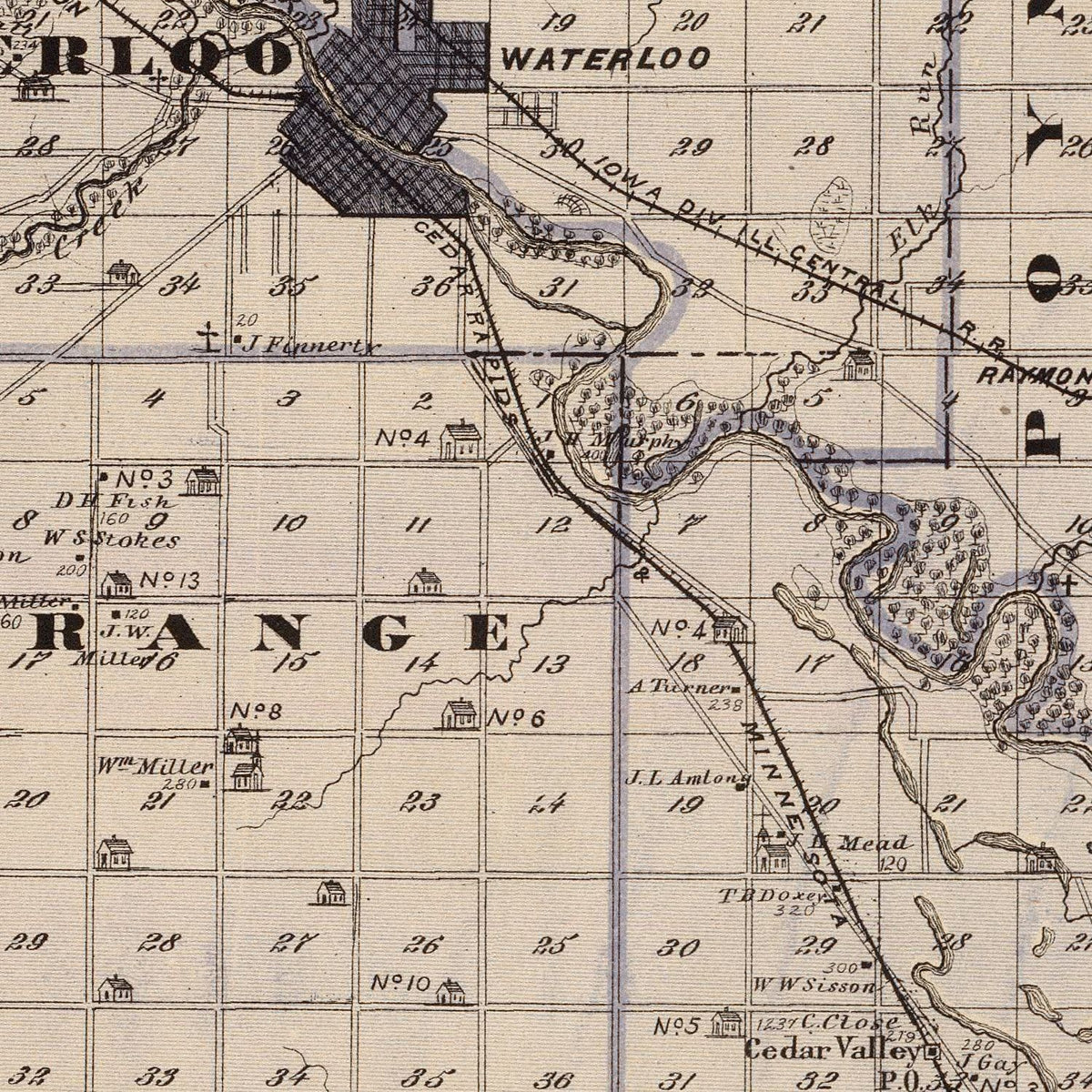 Restored historic details from the 1875 county map of Black Hawk County, Iowa