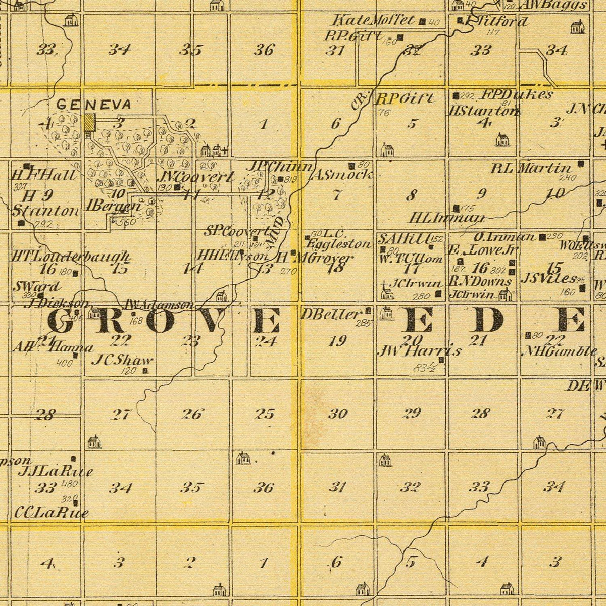 Restored historic details from the 1875 county map of Benton County, Iowa