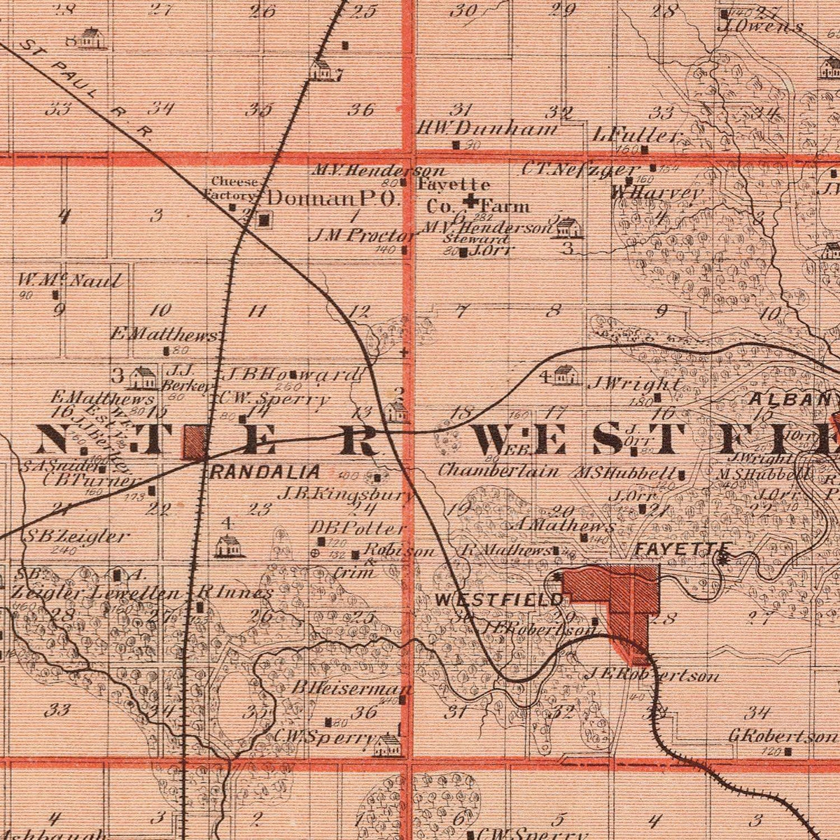 Restored historic details from the 1875 county map of Fayette County, Iowa