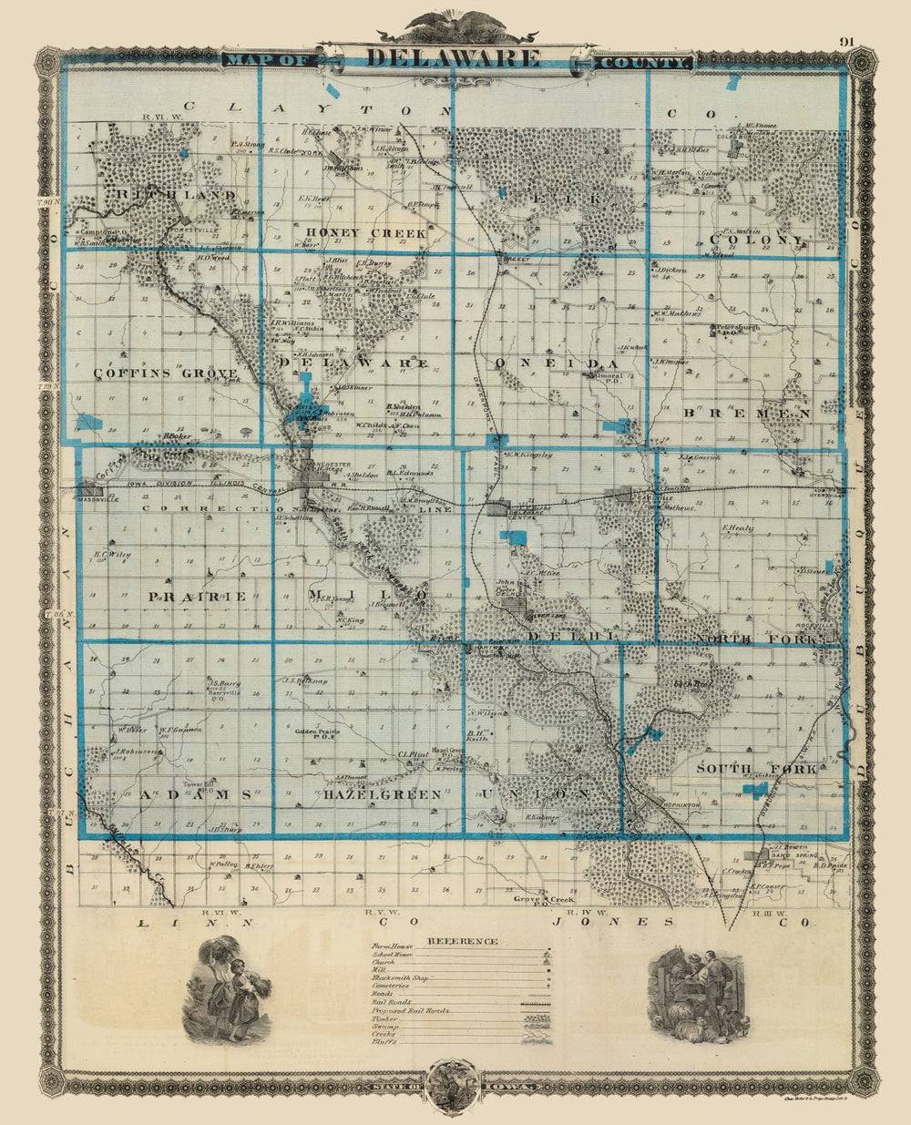 Vintage Map of Delaware County, Iowa 1875 print style example