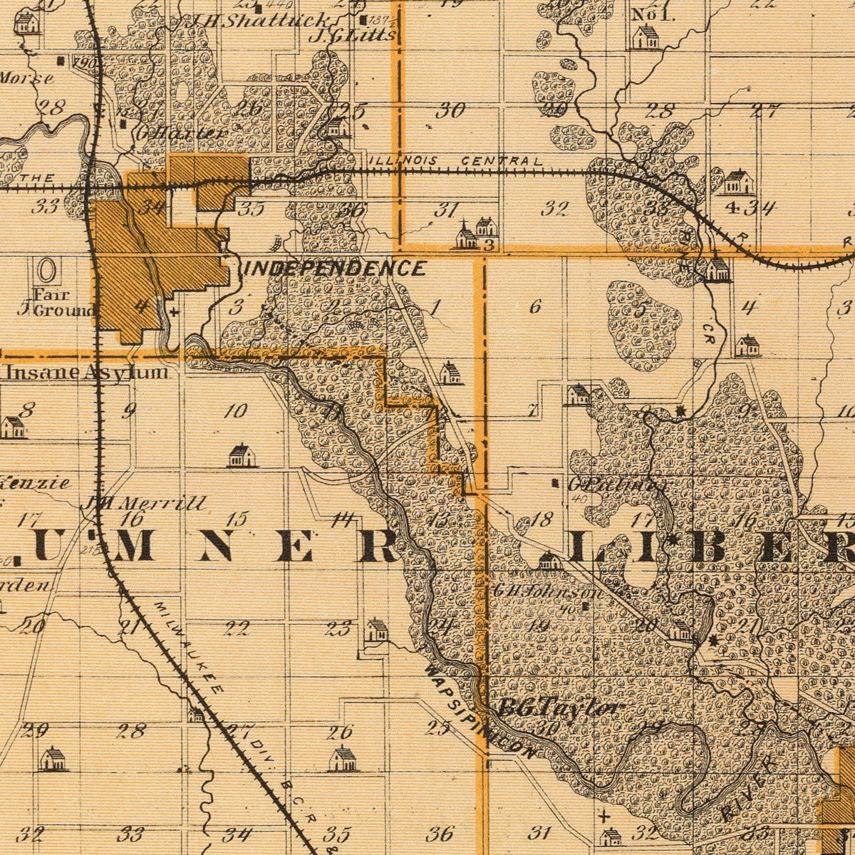 Restored historic details from the 1875 county map of Buchanan County, Iowa