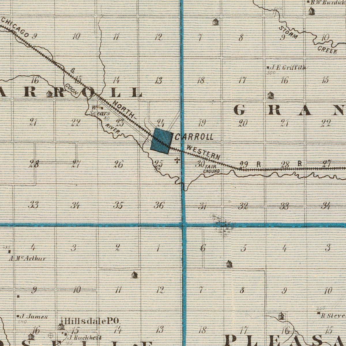 Restored historic details from the 1875 county map of Carroll County, Iowa