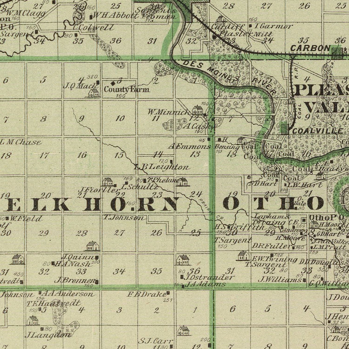 Restored historic details from the 1875 county map of Webster County, Iowa