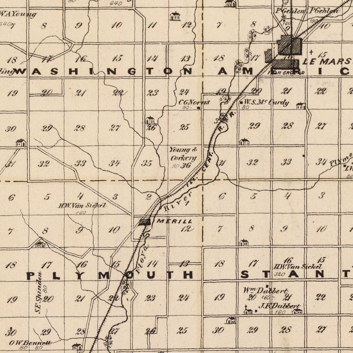 Restored historic details from the 1875 county map of Plymouth County, Iowa