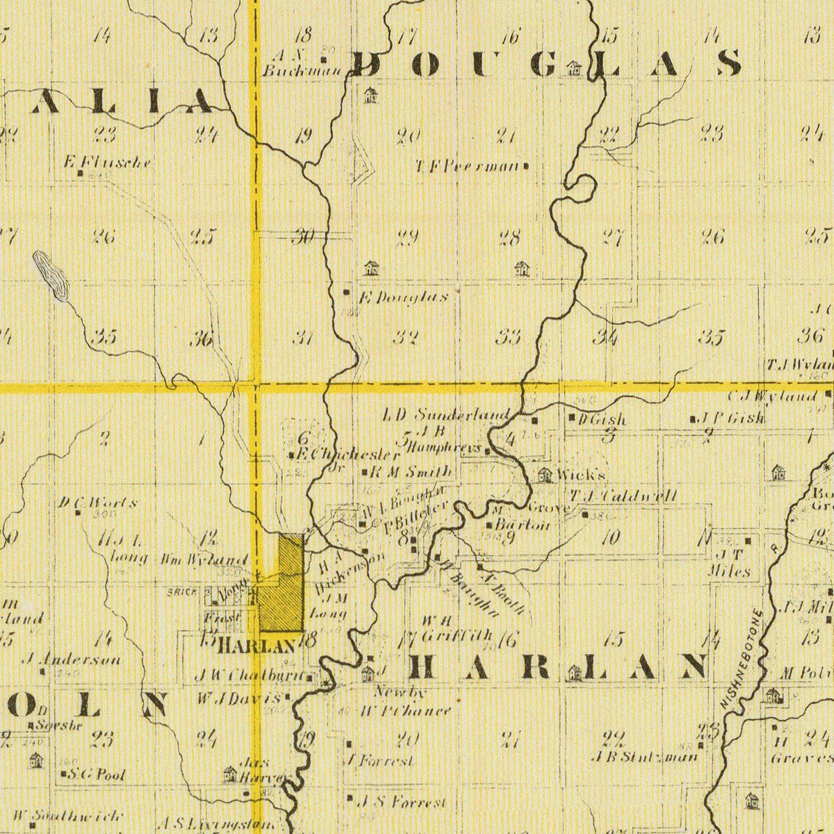 Restored historic details from the 1875 county map of Shelby County, Iowa