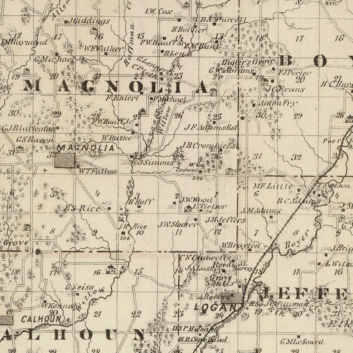 Restored historic details from the 1875 county map of Harrison County, Iowa