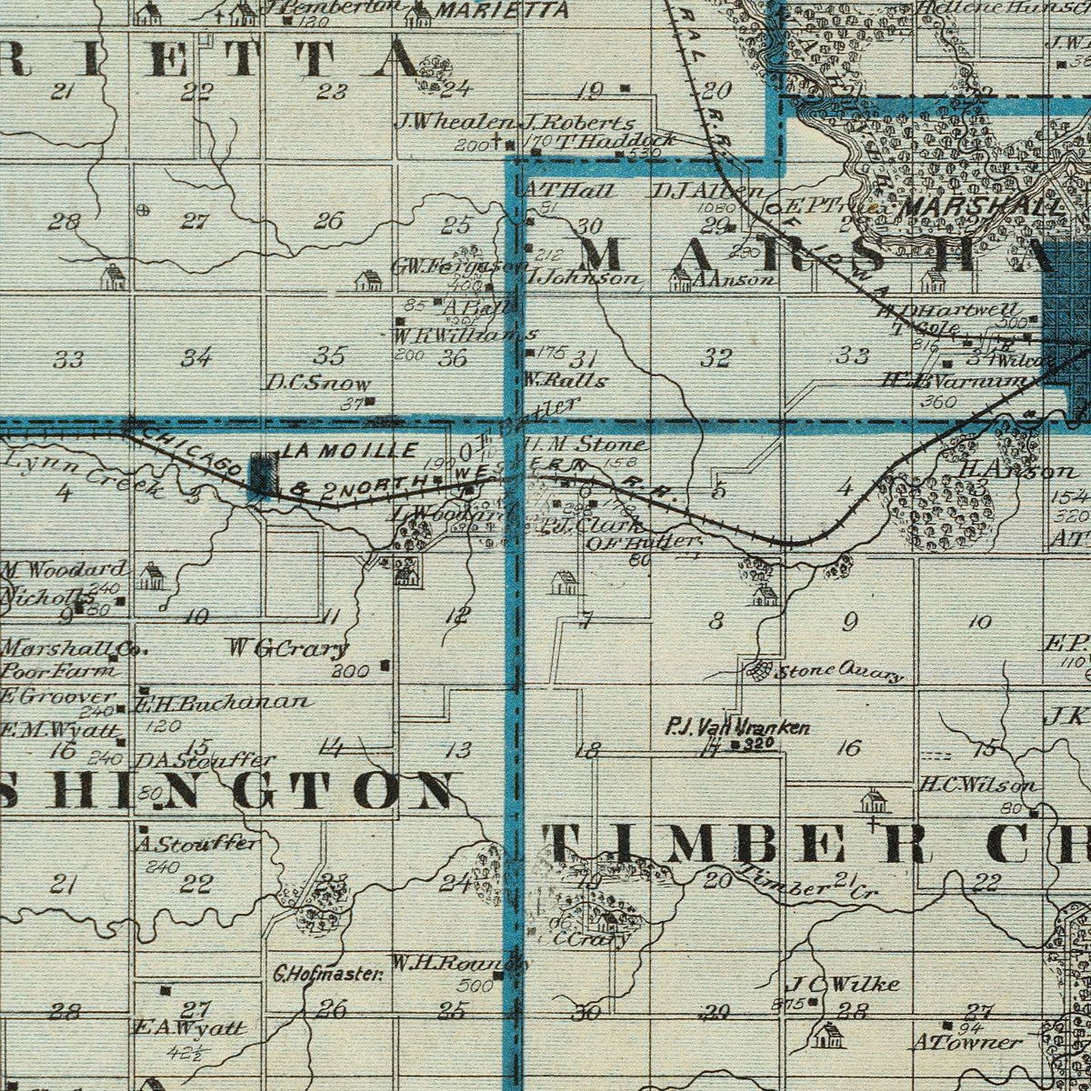 Restored historic details from the 1875 county map of Marshall County, Iowa