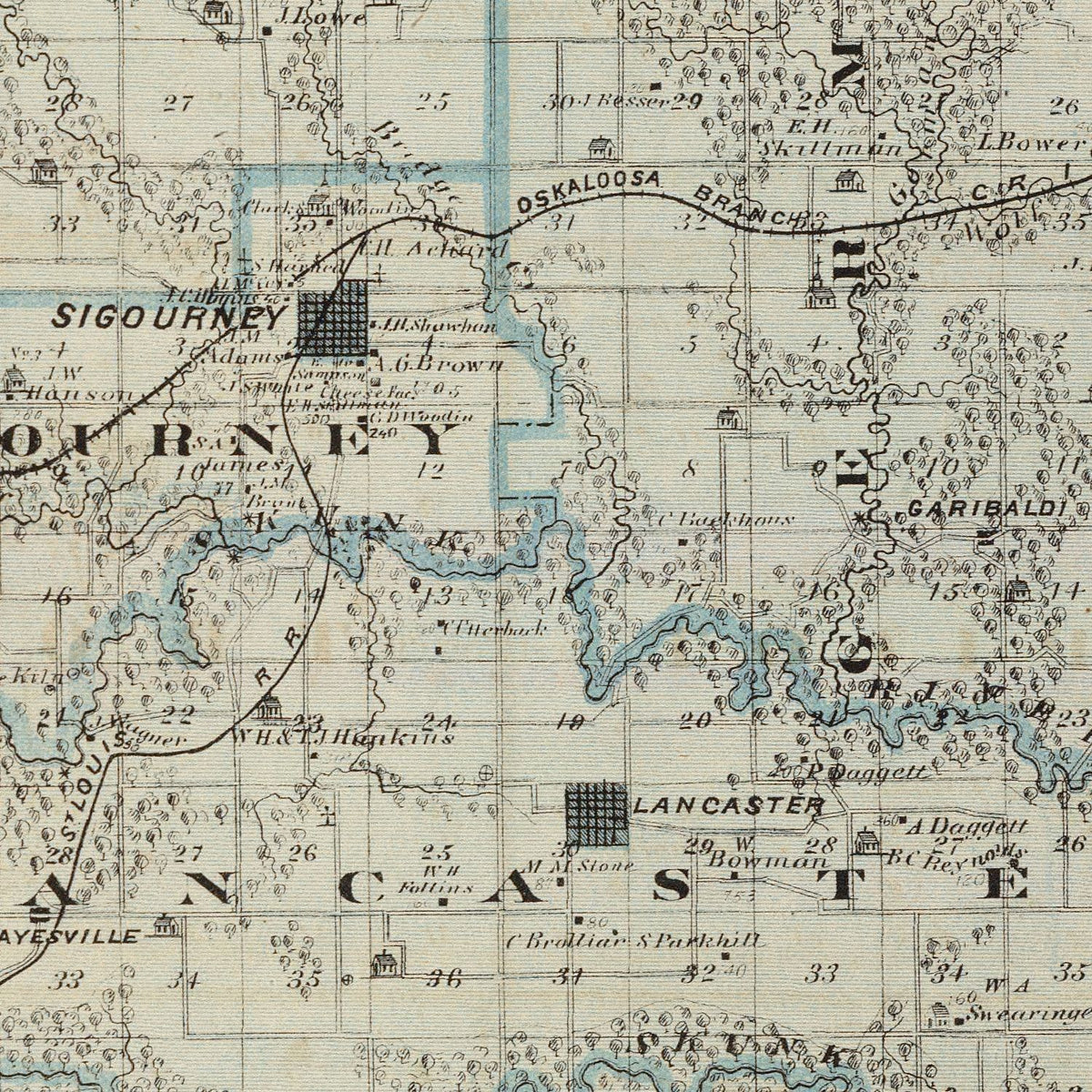 Restored historic details from the 1875 county map of Keokuk County, Iowa