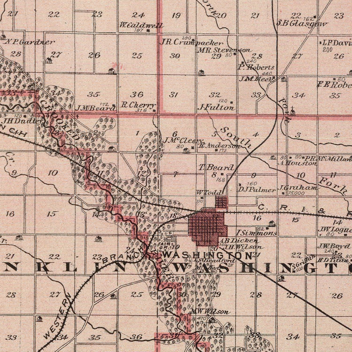 Restored historic details from the 1875 county map of Washington County, Iowa