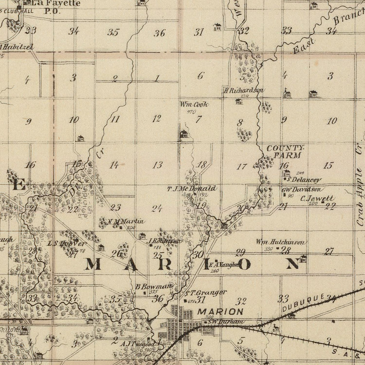 Restored historic details from the 1875 county map of Linn County, Iowa