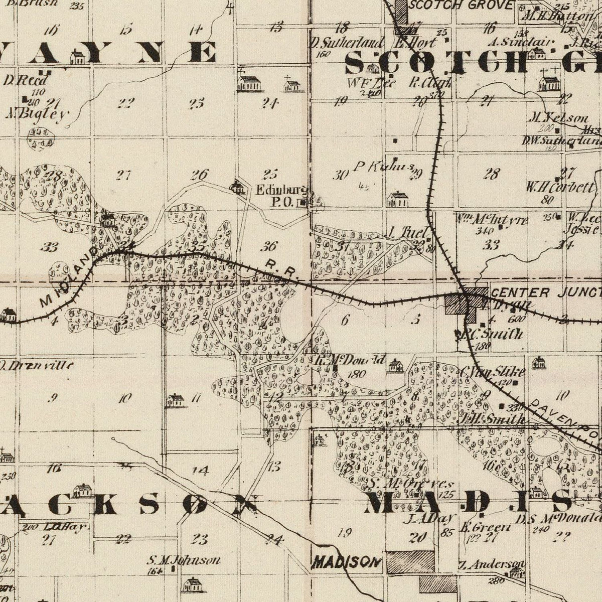 Restored historic details from the 1875 county map of Jones County, Iowa