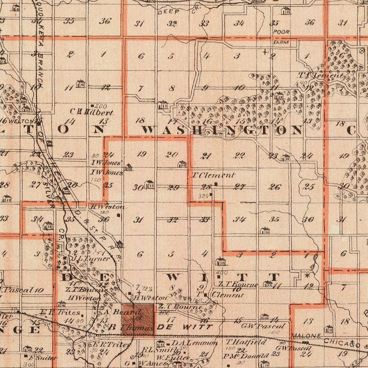 Restored historic details from the 1875 county map of Clinton County, Iowa
