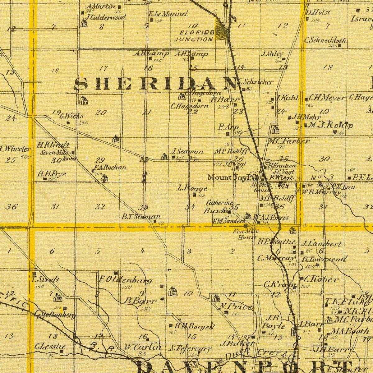 Restored historic details from the 1875 county map of Scott County, Iowa