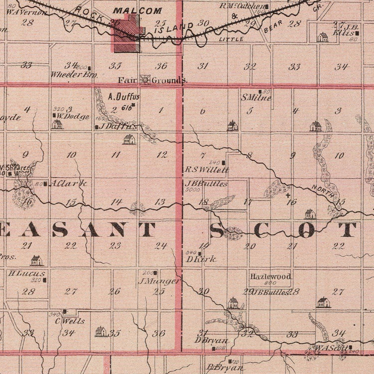 Restored historic details from the 1875 county map of Poweshiek County, Iowa