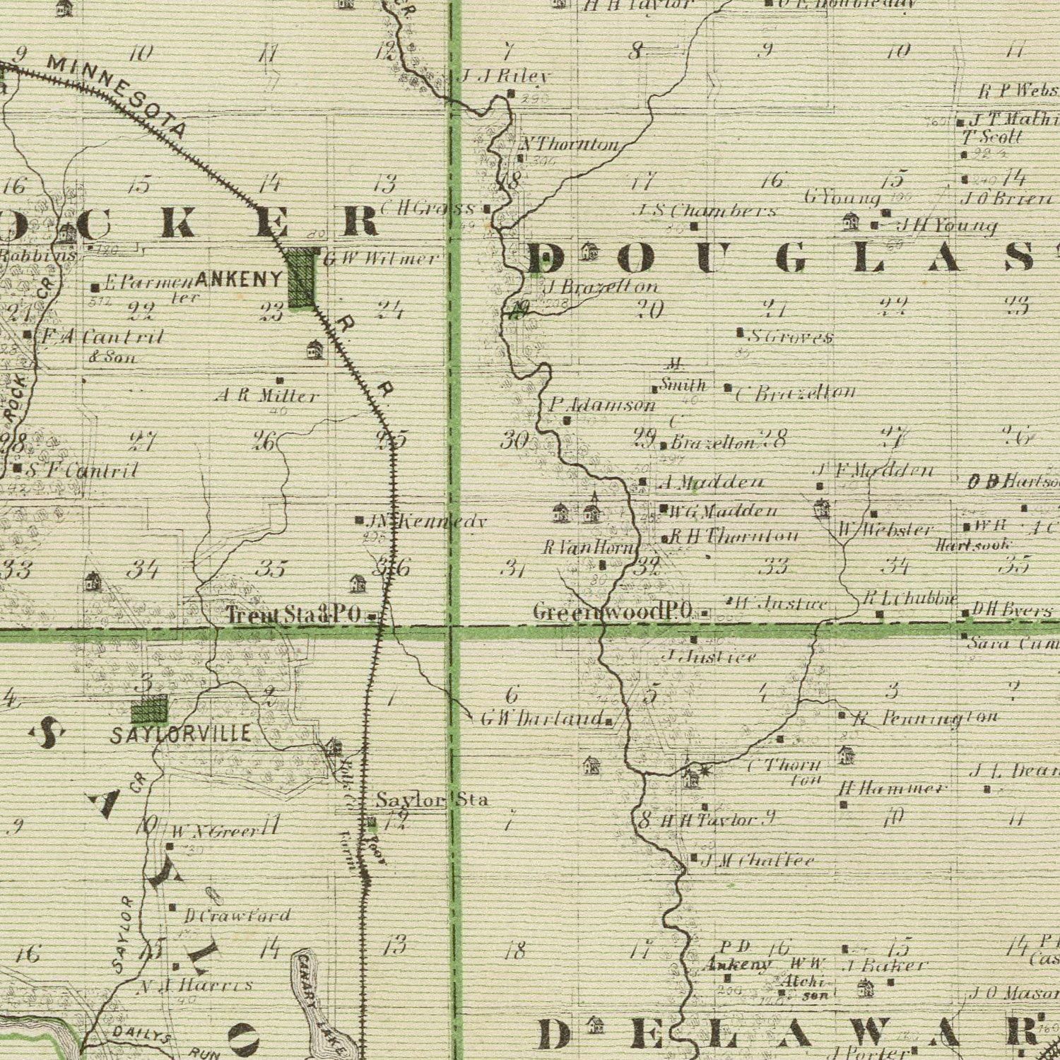Restored historic details from the 1875 county map of Polk County, Iowa