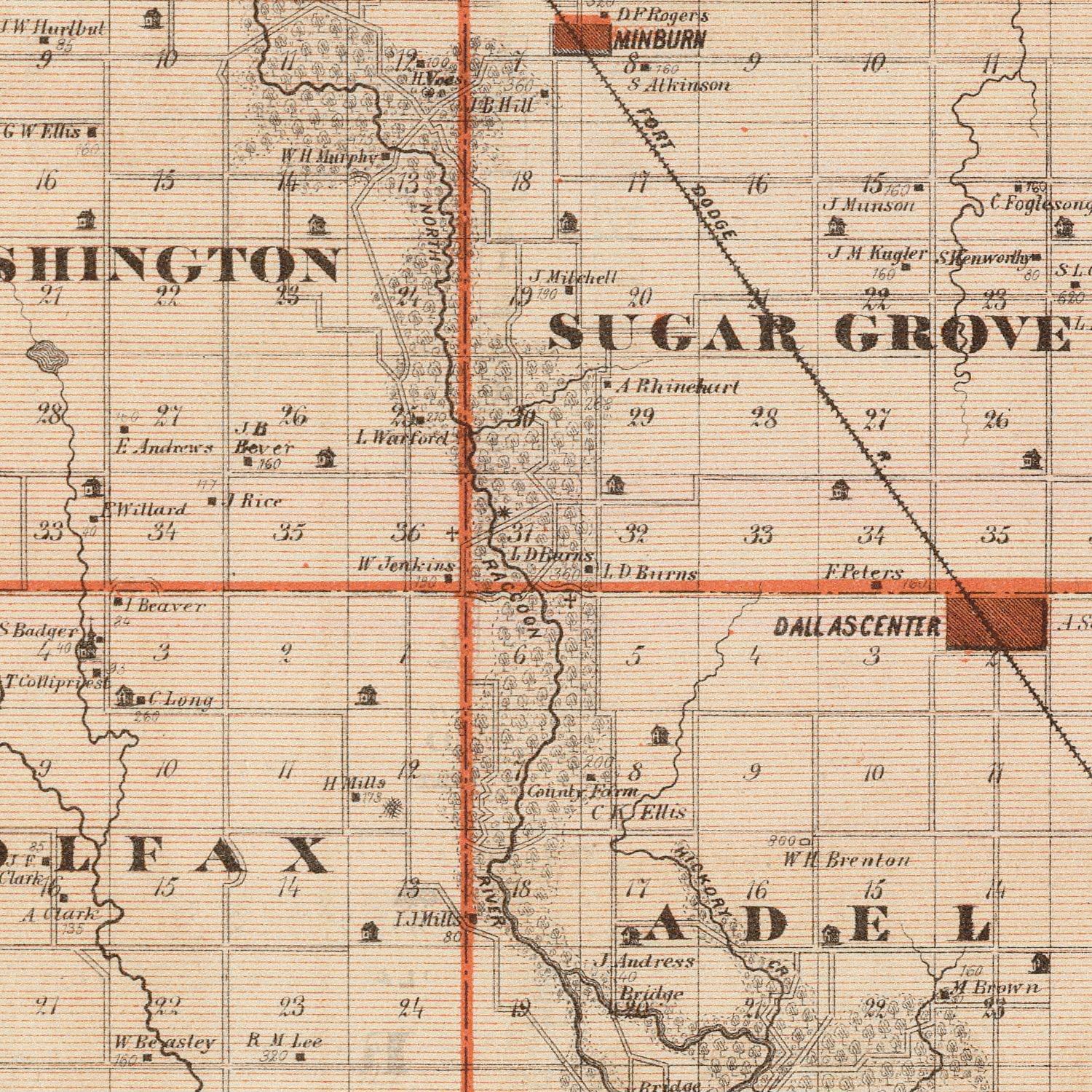Restored historic details from the 1875 county map of Dallas County, Iowa