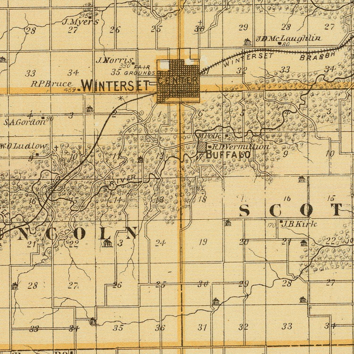 Restored historic details from the 1875 county map of Madison County, Iowa