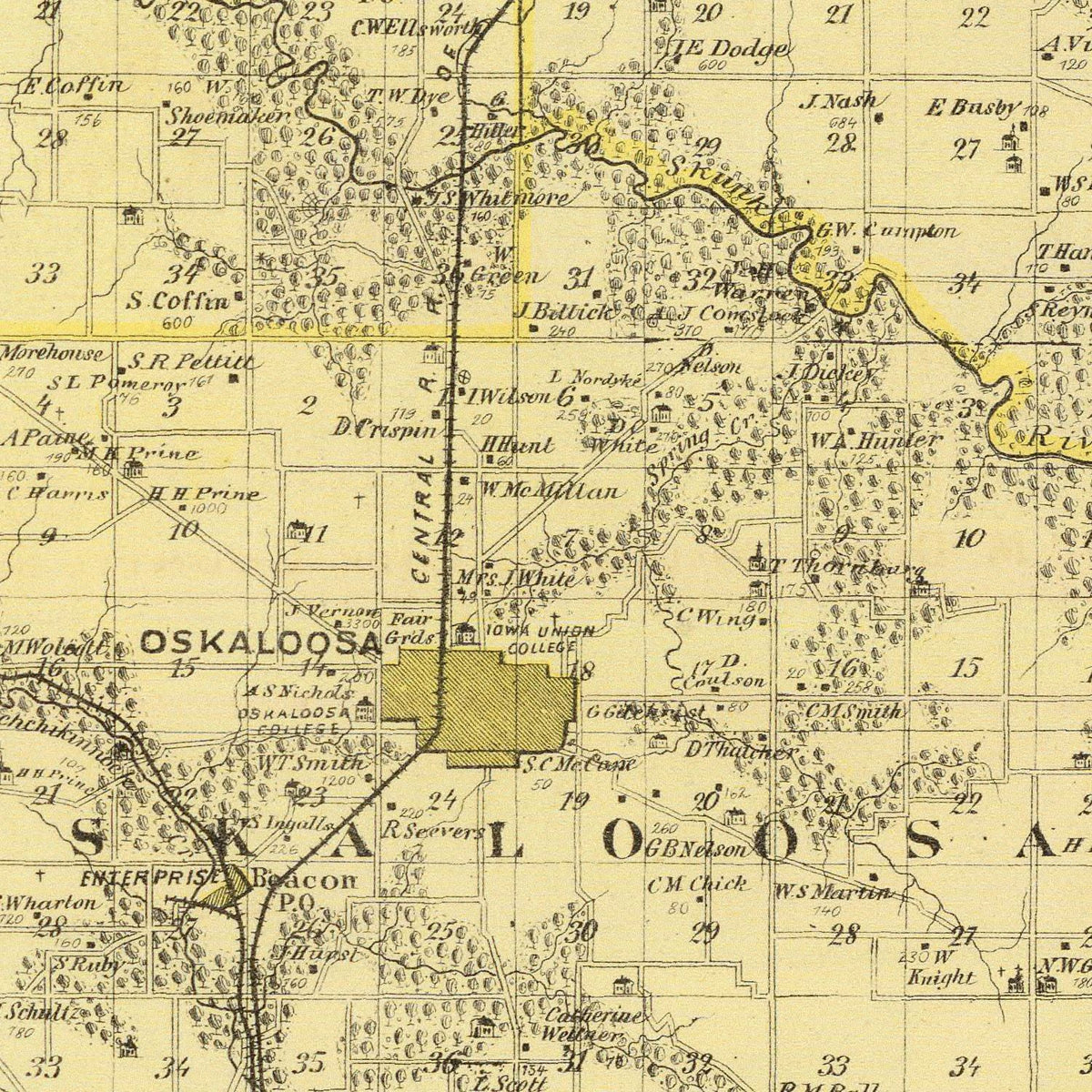 Restored historic details from the 1875 county map of Mahaska County, Iowa