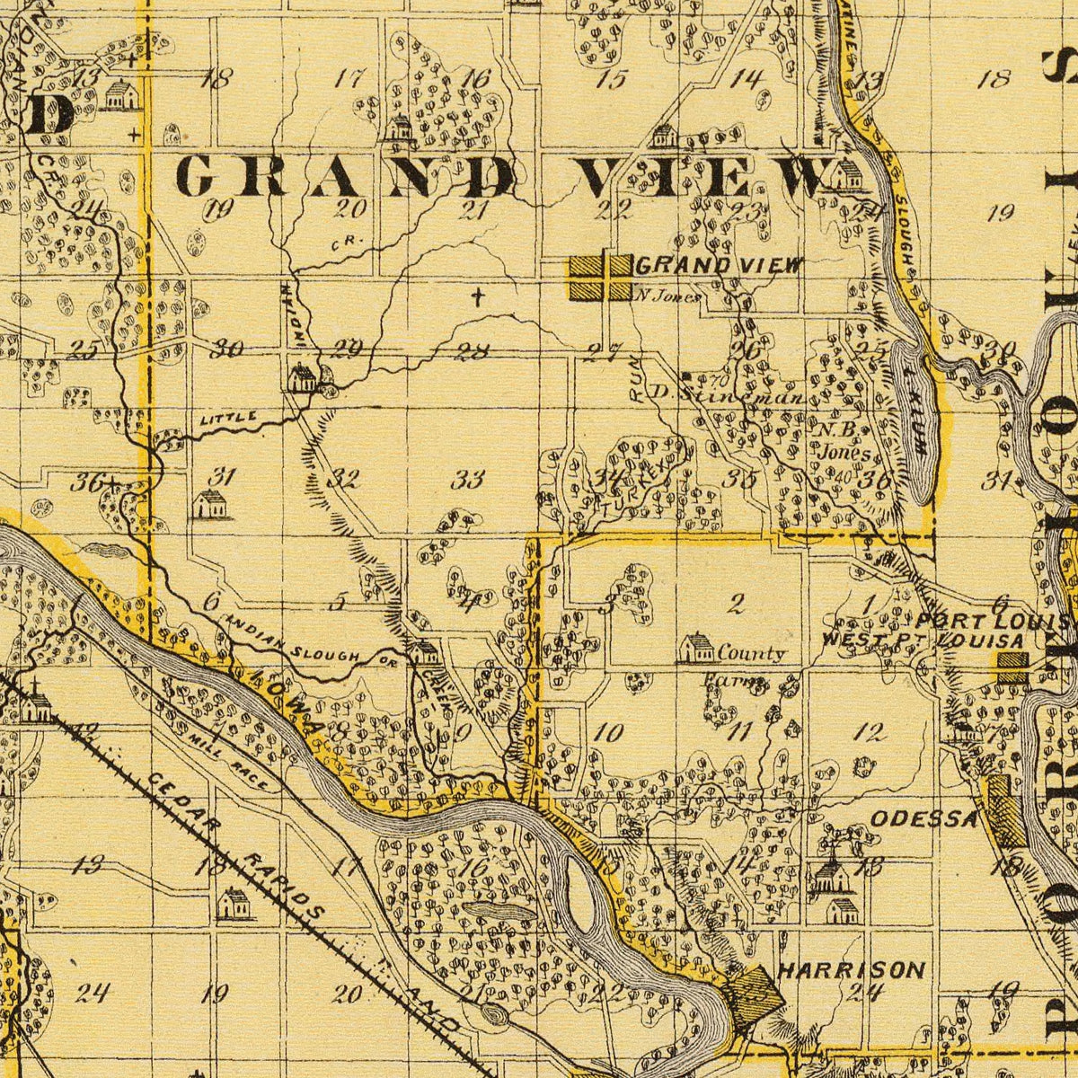 Restored historic details from the 1875 county map of Louisa County, Iowa