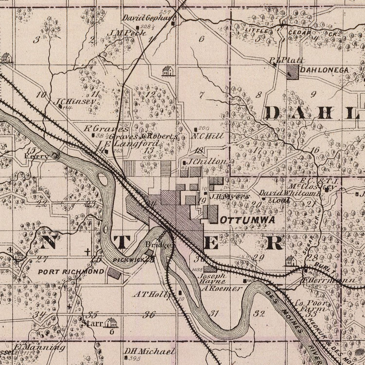Restored historic details from the 1875 county map of Wapello County, Iowa