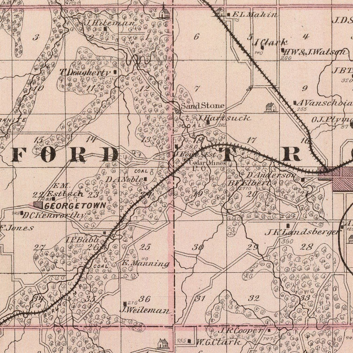 Restored historic details from the 1875 county map of Monroe County, Iowa