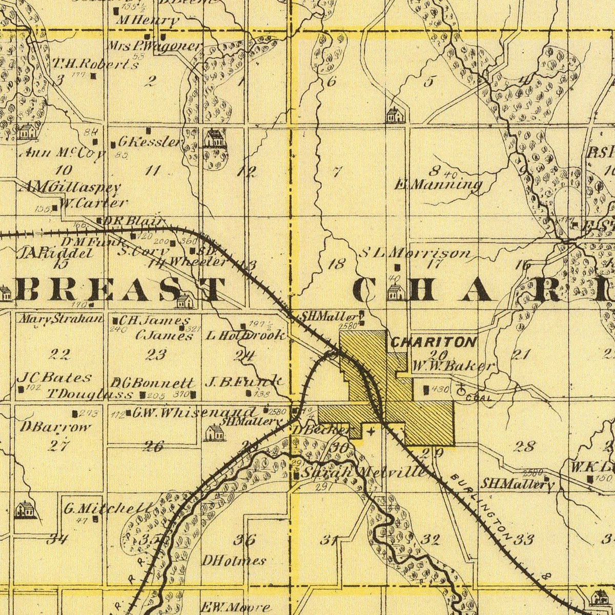 Restored historic details from the 1875 county map of Lucas County, Iowa
