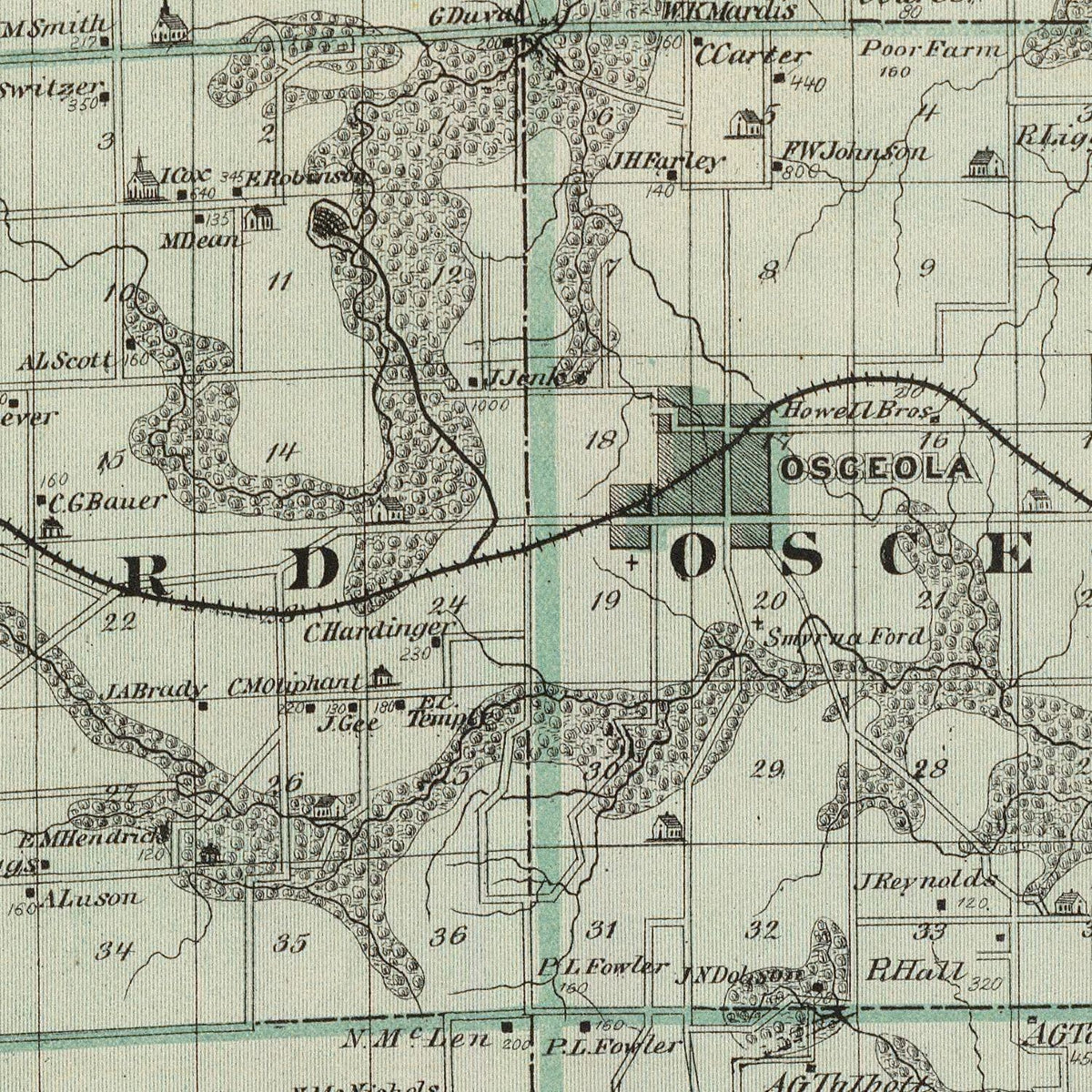 Restored historic details from the 1875 county map of Clarke County, Iowa