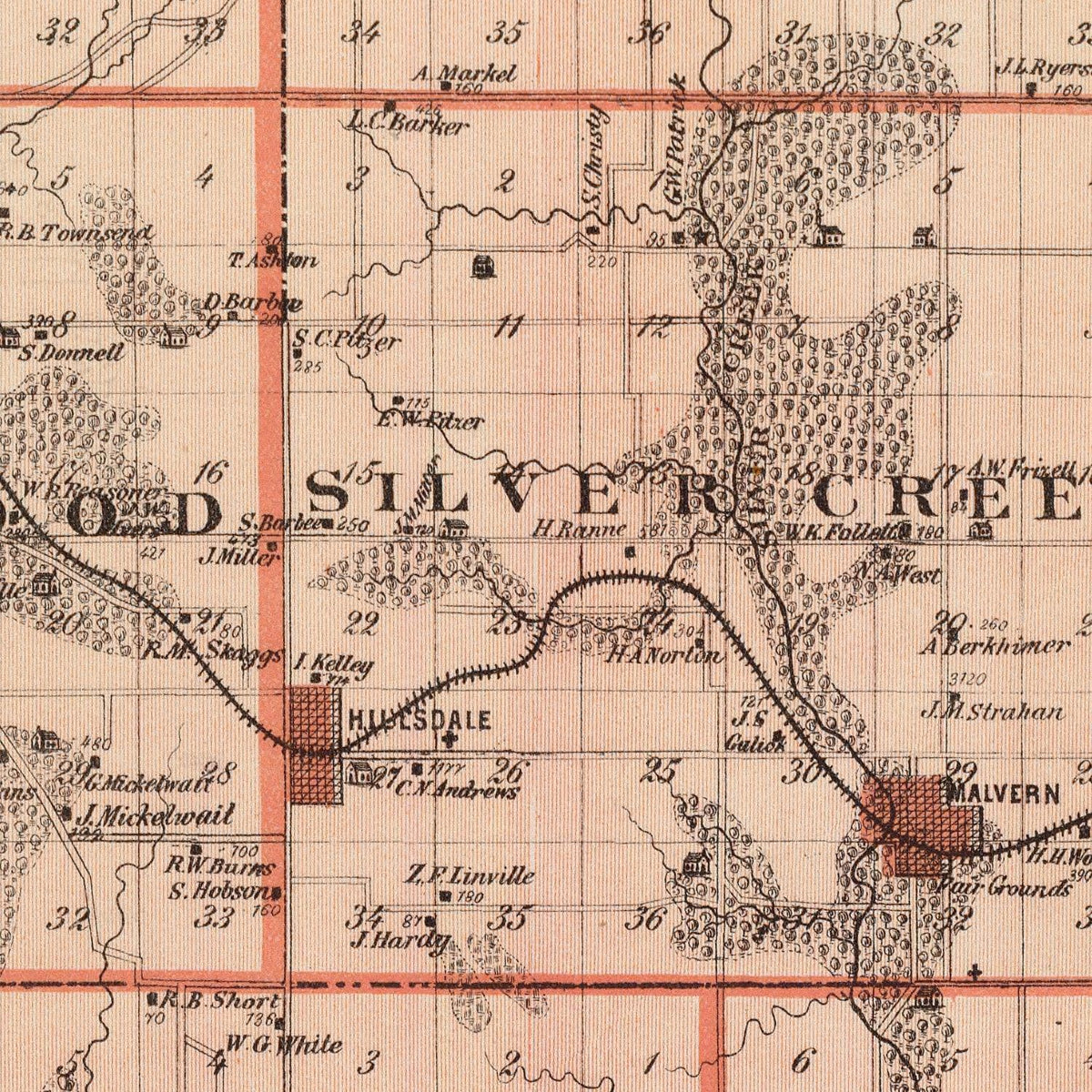 Restored historic details from the 1875 county map of Mills County, Iowa