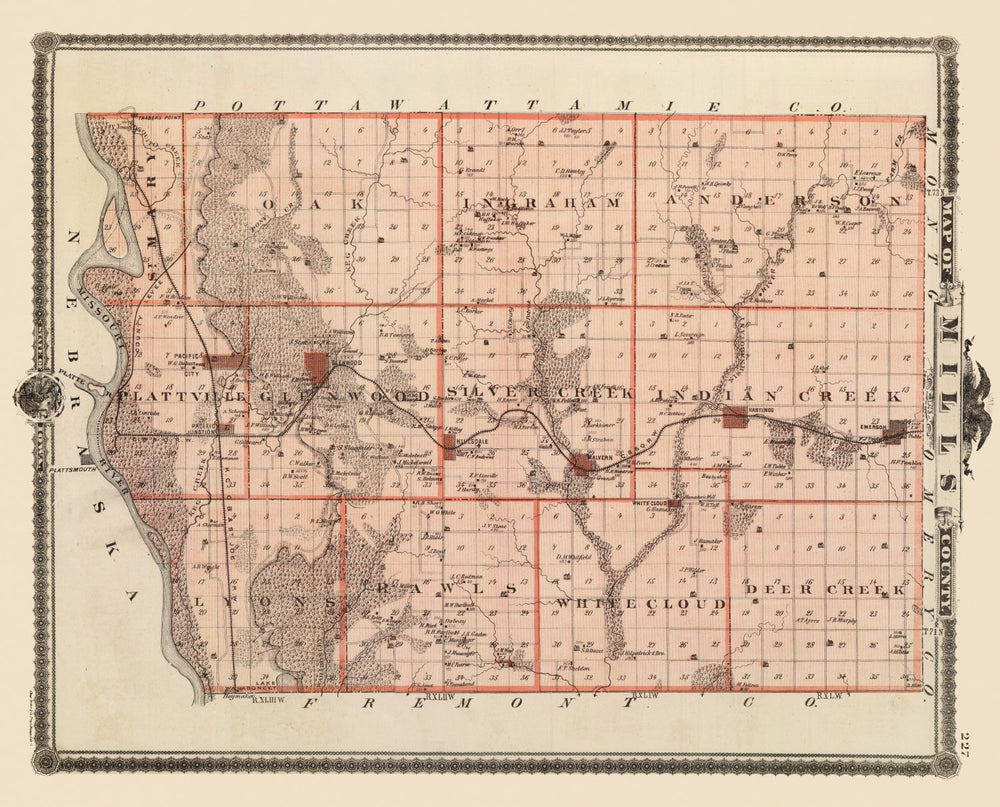 Vintage Map of Mills County, Iowa 1875 print style example