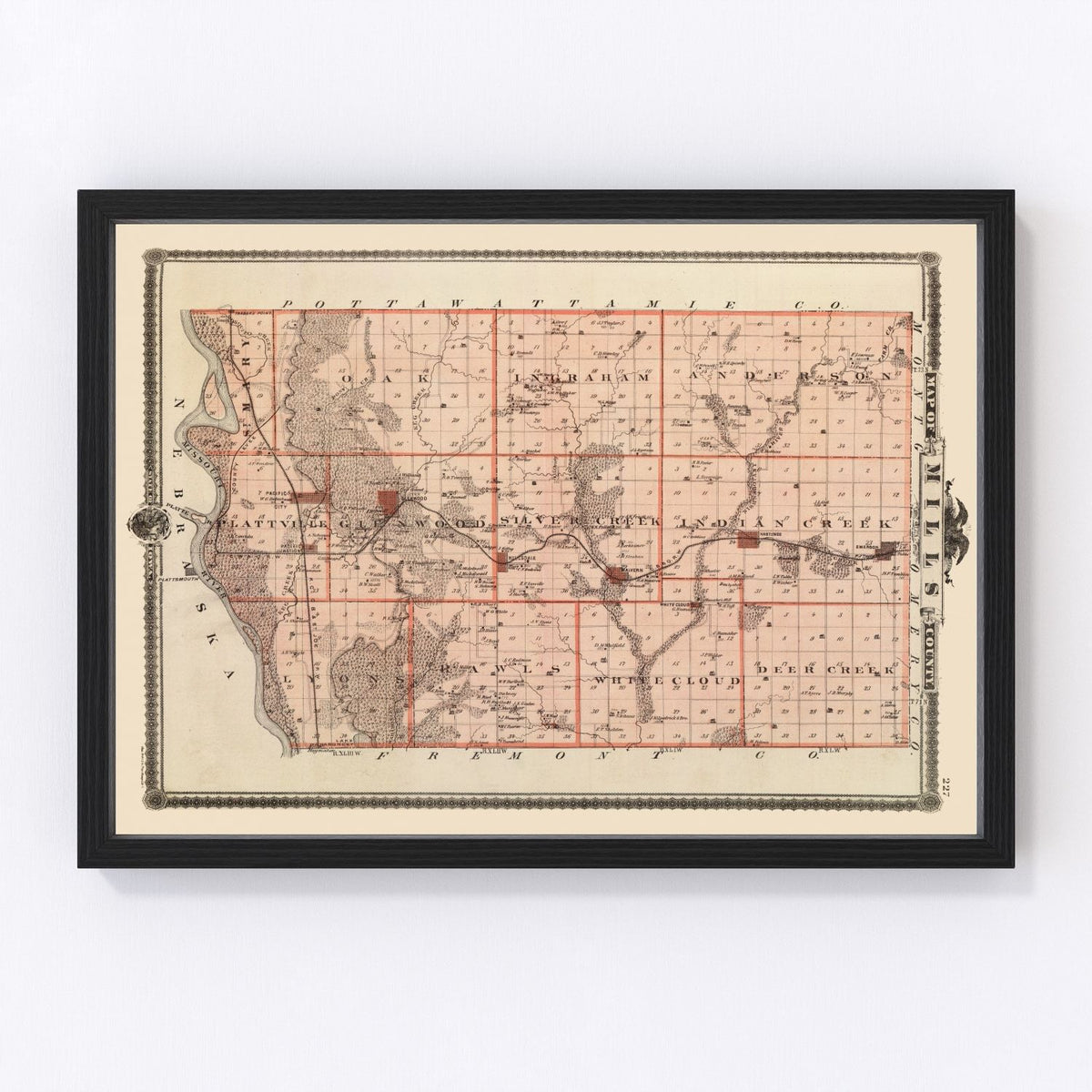 Mills County Vintage Map 1875