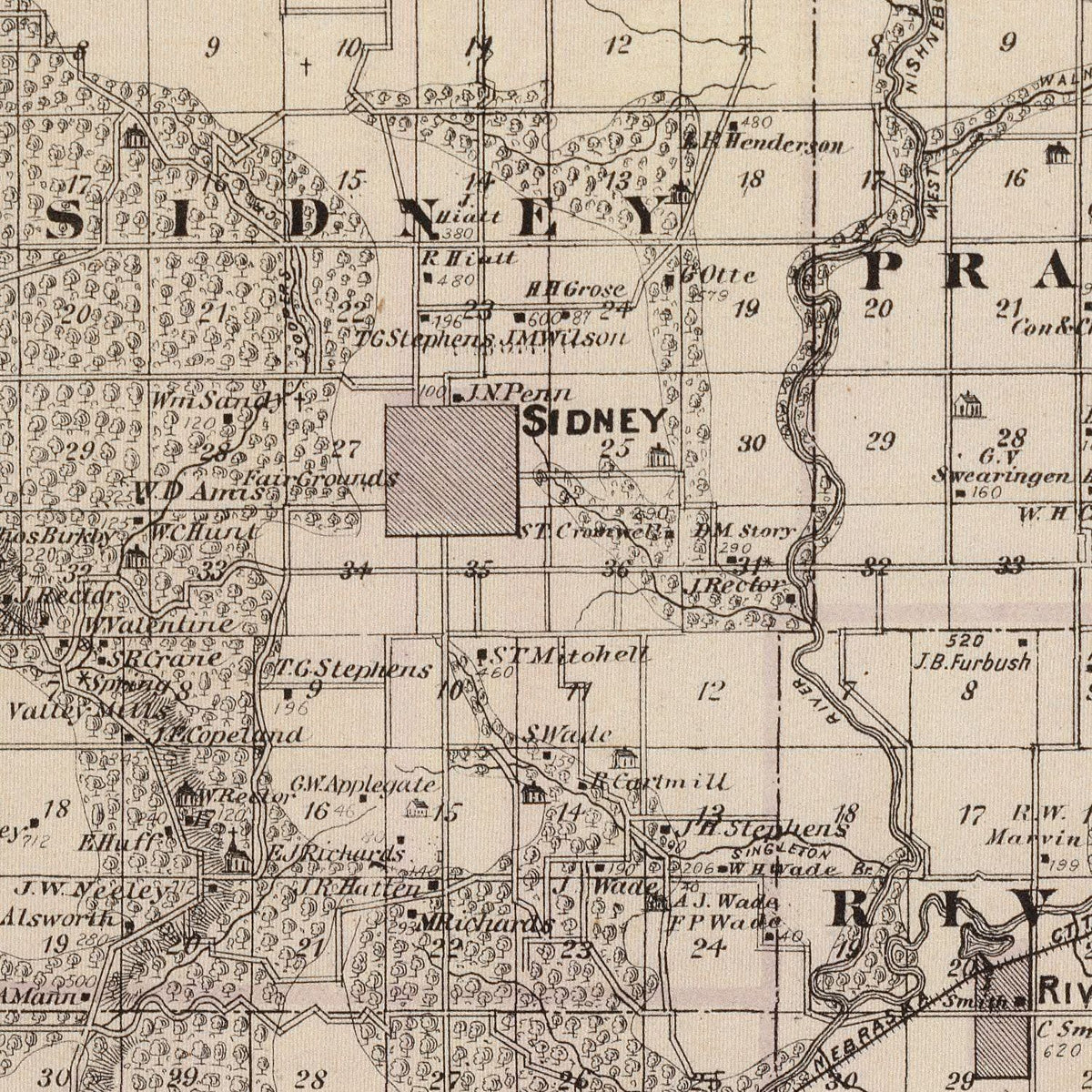 Restored historic details from the 1875 county map of Fremont County, Iowa