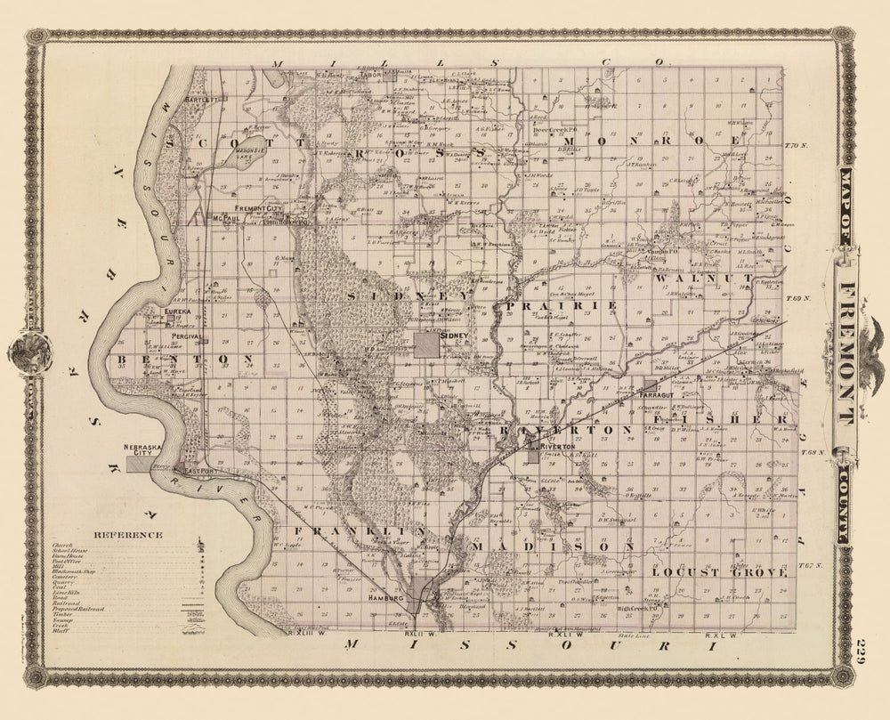 Vintage Map of Fremont County, Iowa 1875 print style example
