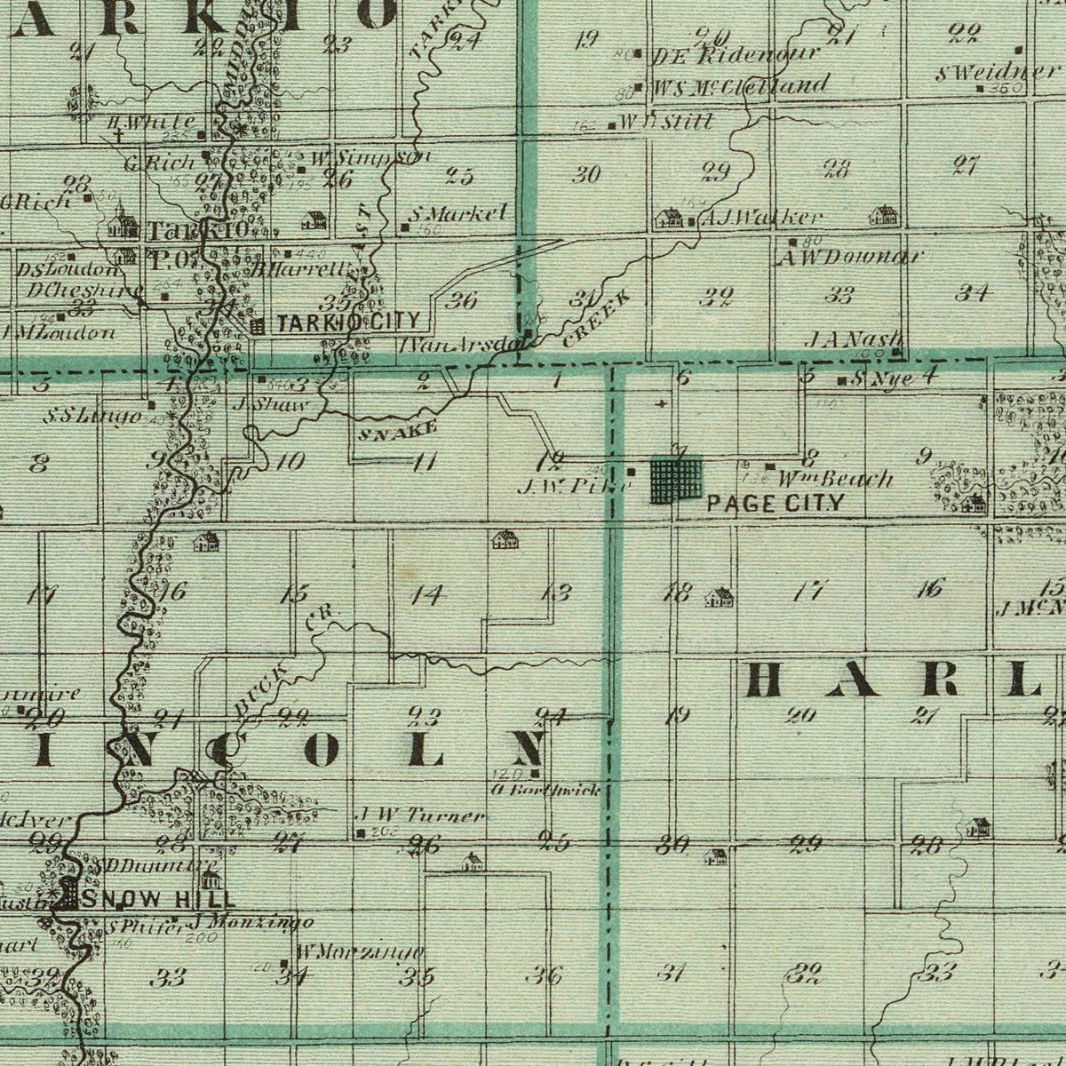 Restored historic details from the 1875 county map of Page County, Iowa