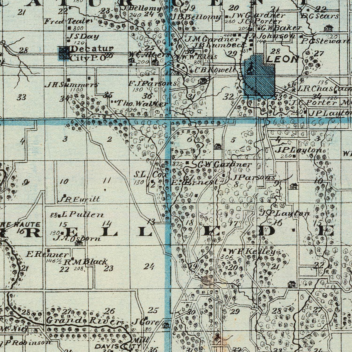 Restored historic details from the 1875 county map of Decatur County, Iowa