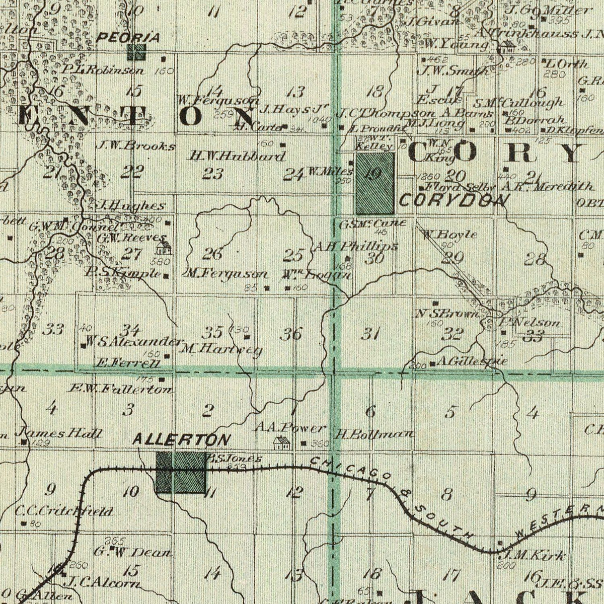 Restored historic details from the 1875 county map of Wayne County, Iowa