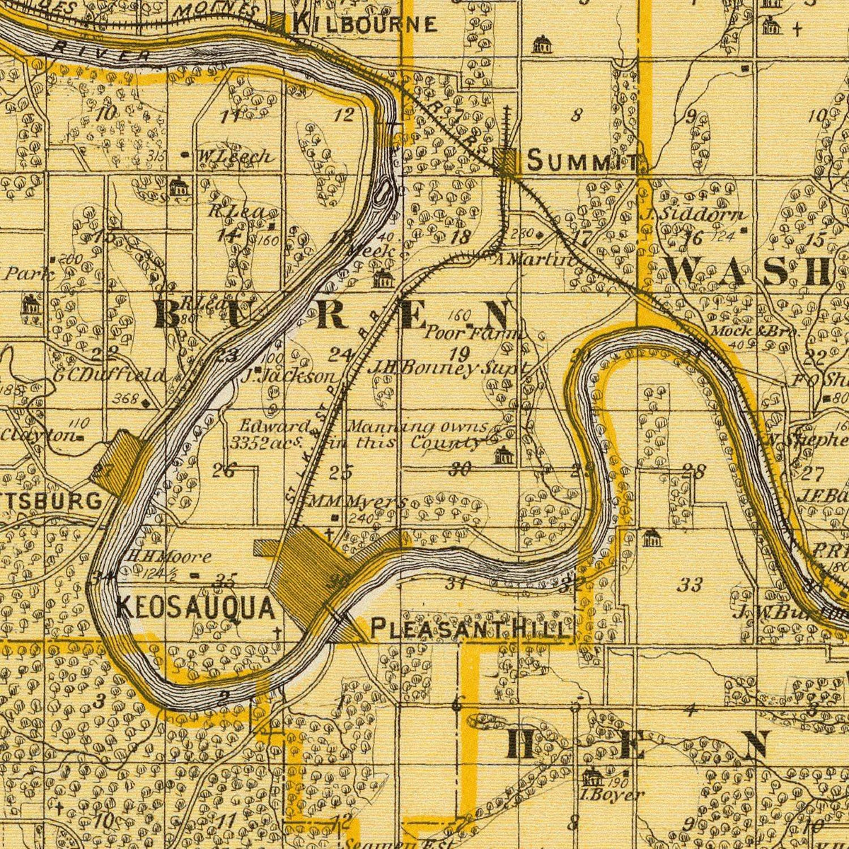 Restored historic details from the 1875 county map of Van Buren County, Iowa