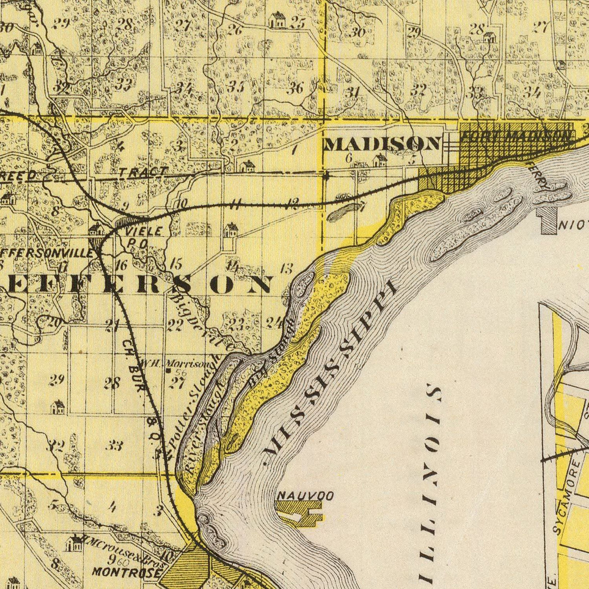 Restored historic details from the 1875 county map of Lee County, Iowa