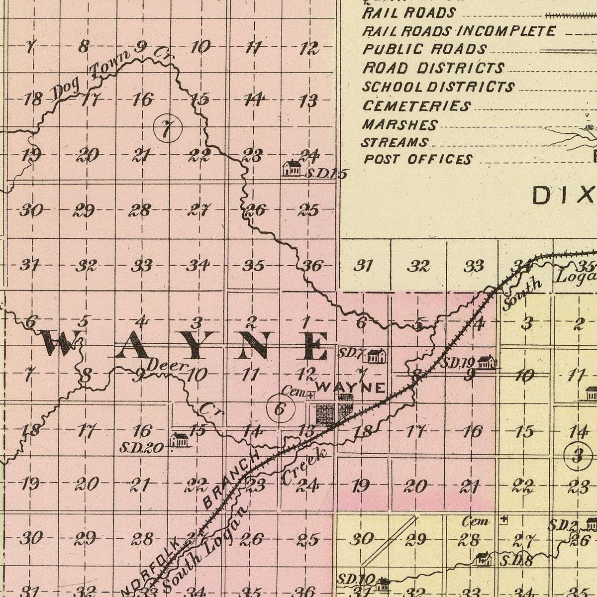 Restored historic details from the 1885 county map of Wayne County, Nebraska