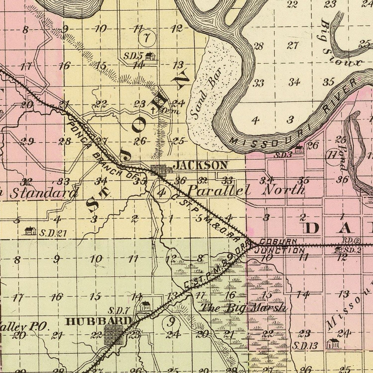 Restored historic details from the 1885 county map of Dakota County, Nebraska