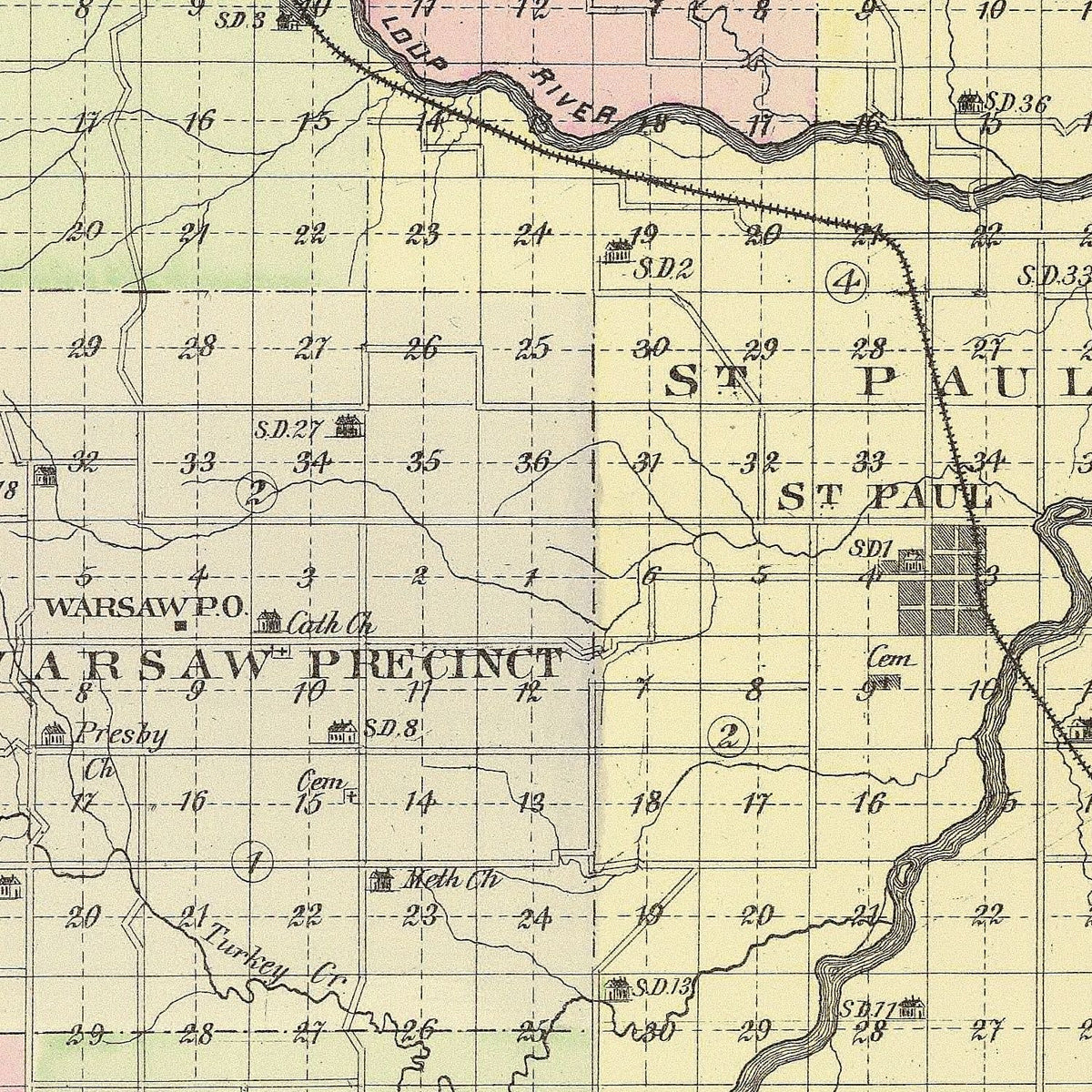 Restored historic details from the 1885 county map of Howard County, Nebraska