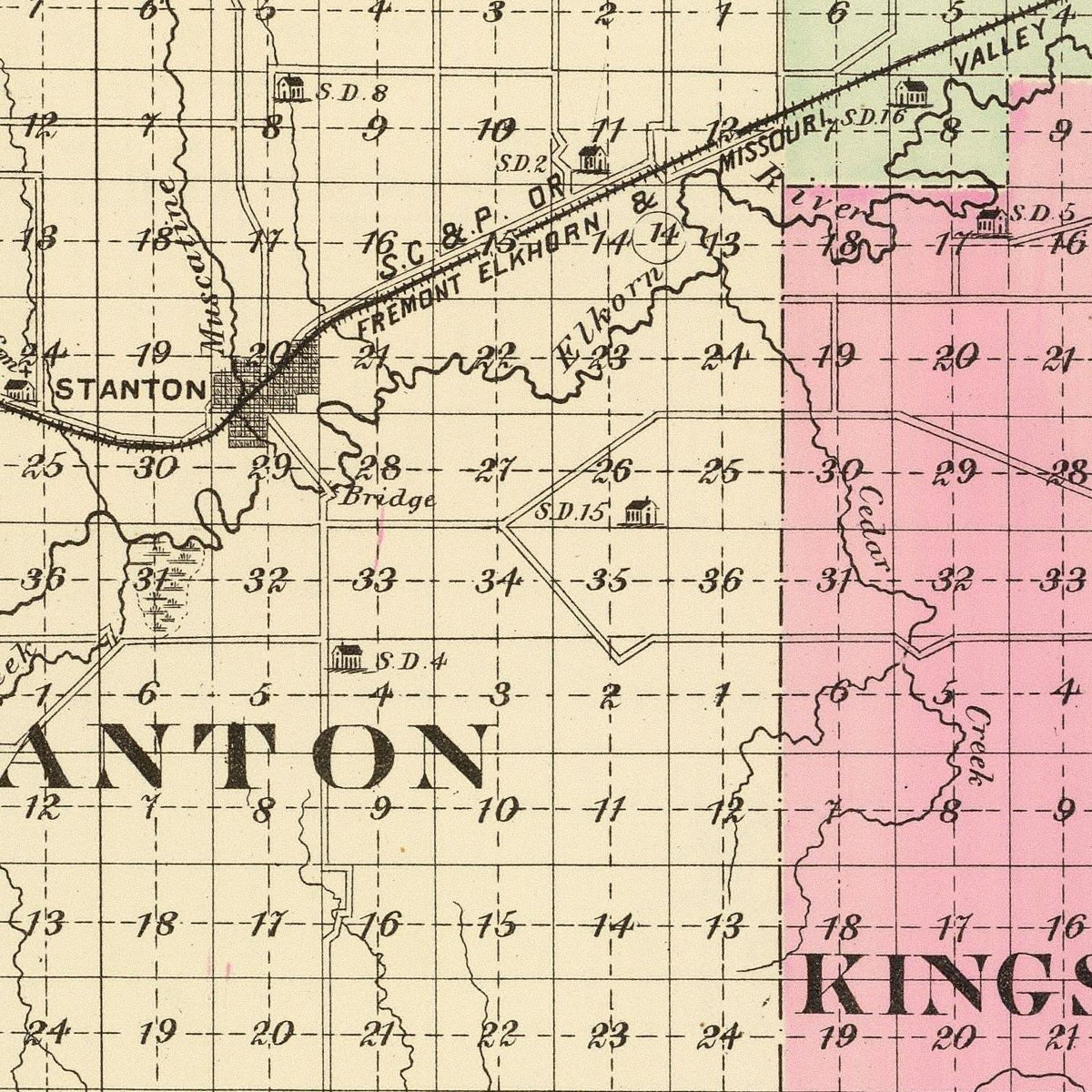 Restored historic details from the 1885 county map of Stanton County, Nebraska