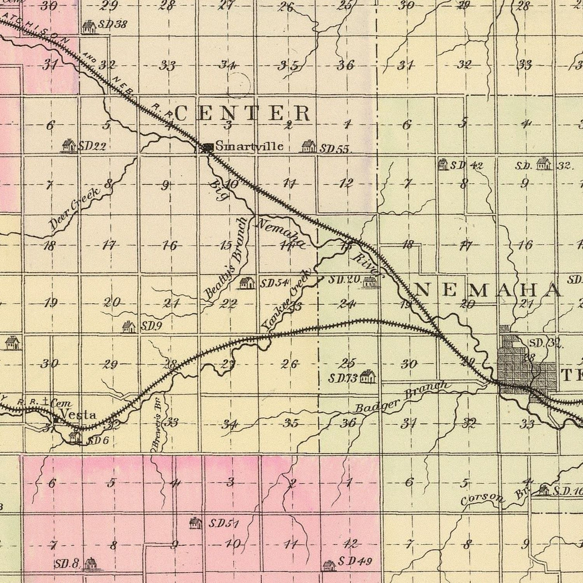 Restored historic details from the 1885 county map of Johnson County, Nebraska