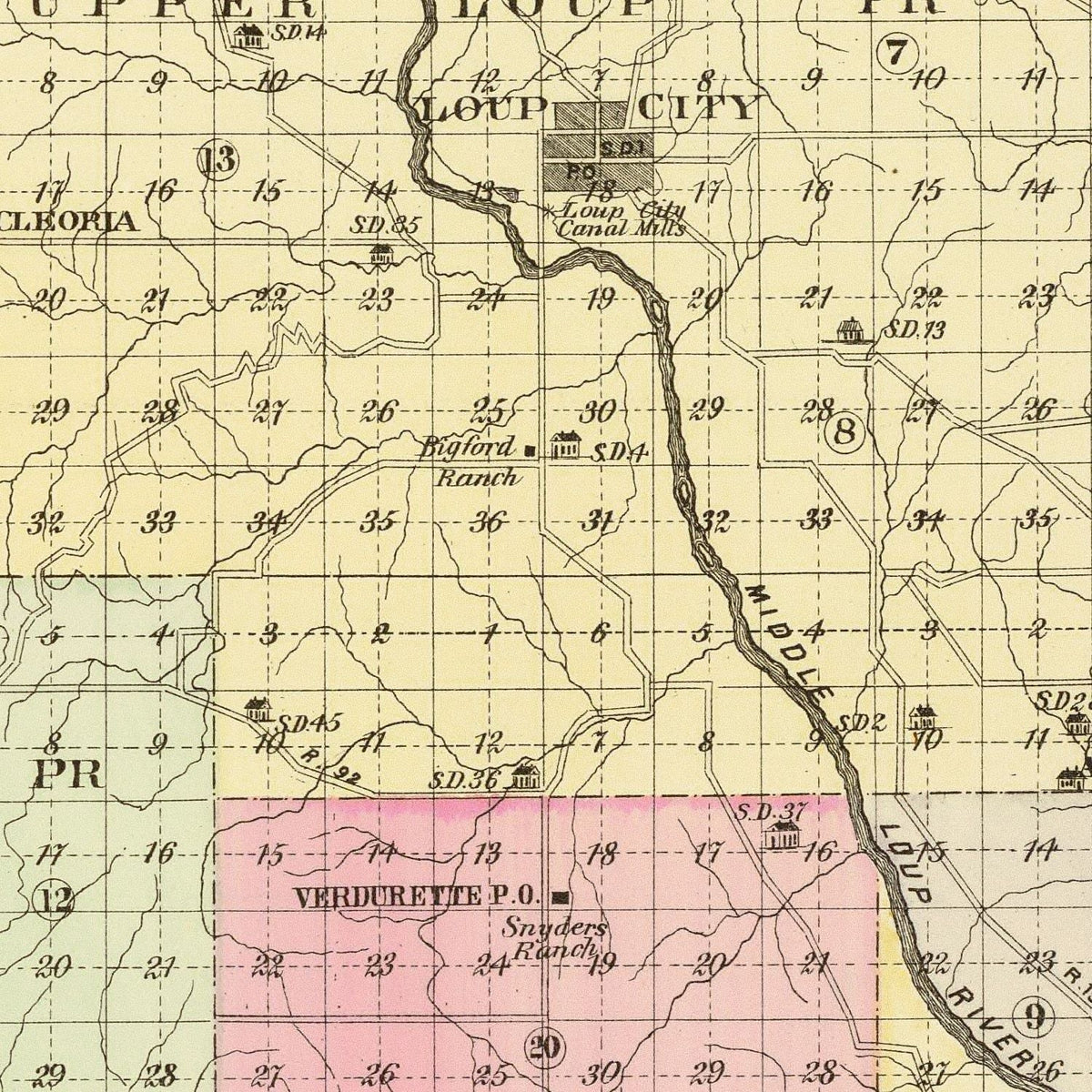 Restored historic details from the 1885 county map of Sherman County, Nebraska