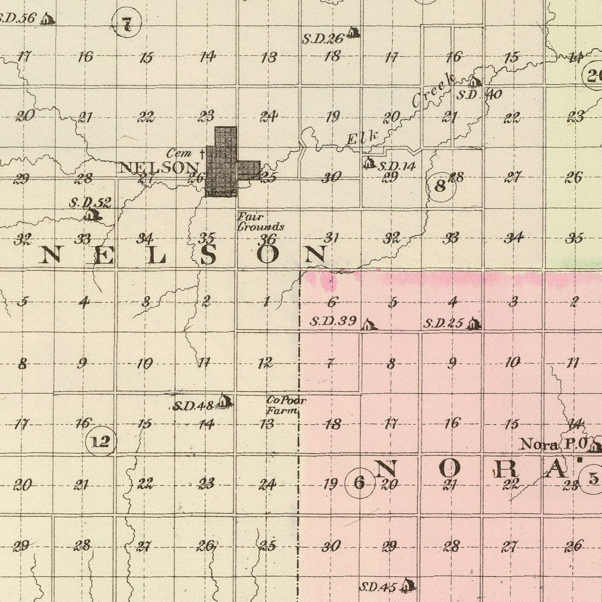 Restored historic details from the 1885 county map of Nuckolls County, Nebraska