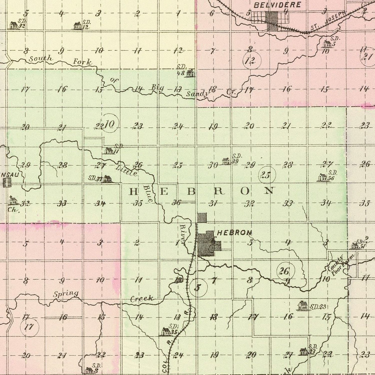 Restored historic details from the 1885 county map of Thayer County, Nebraska