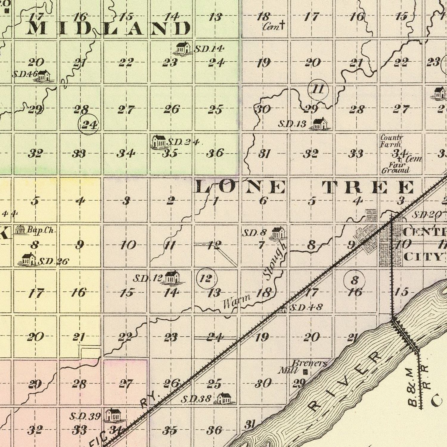 Restored historic details from the 1885 county map of Merrick County, Nebraska
