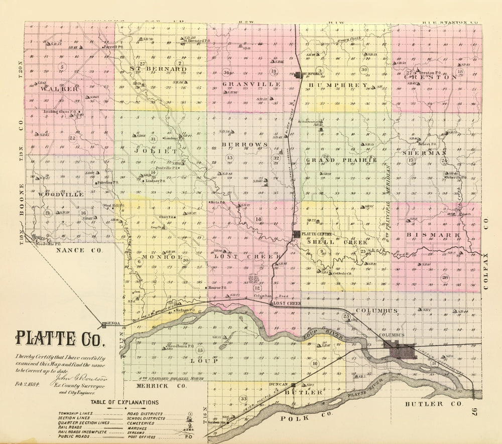 Vintage Map of Platte County, Nebraska 1885 print style example